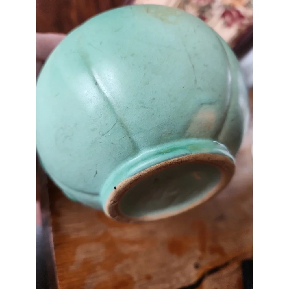 Vintage Weller Art Pottery Wild Rose Matte Green / Blue Basket Vase